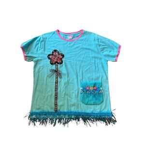 Vintage LAT‎ XL Blue Flower Beaded Tassel Pocket Tee T-Shirt